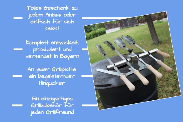 Steckerfisch Halter für 4 Fische I Edelstahlspieß I mit Standfuß für Grillplatten